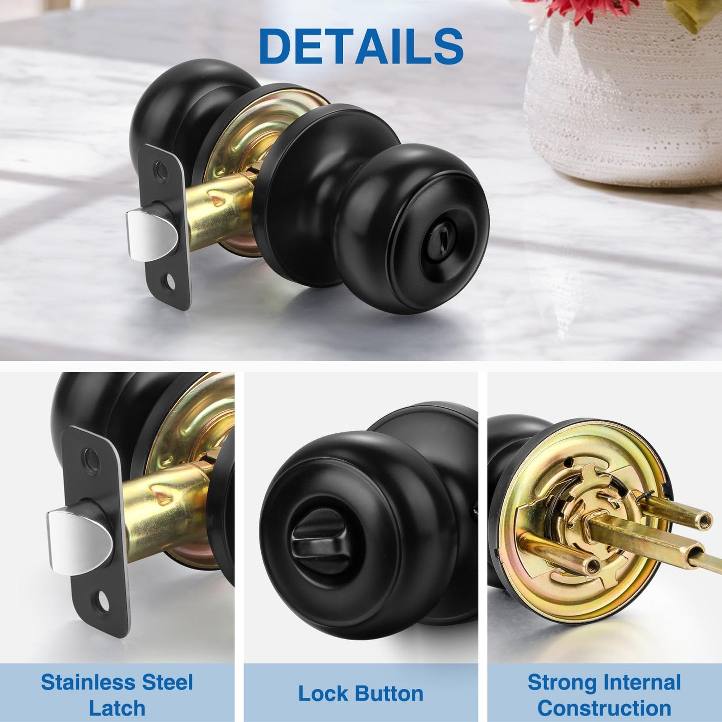 Sopoby Privacy Door Knob, 8 Pack Matte Black Round Keyless Doorknobs Interior/Exterior Lockset, Privacy Locking Door Knobs for Bedroom/Bathroom, Black Modern Design Door Hardware
