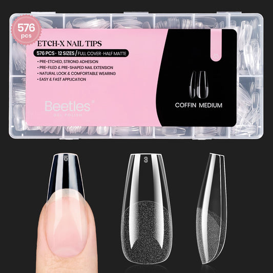 Beetles Gel Nail Tips Medium Coffin 576PCS Etch X Nail Tips, 12 Sizes Pre Shaped Half Matte Press On Nails Full Cover False Nails Acrylic Nails Glue on Nails Extensions Set for Women Home DIY