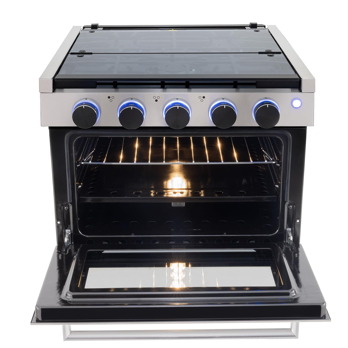 RecPro RV Stove | 21" x 17" Cooktop | 17" Tall Gas Range | 3 Burner | 1.8 Cu. Ft | 7100 BTU | Black or Silver Finish | Optional Vented Range Hood (Stainless, With Range Hood)