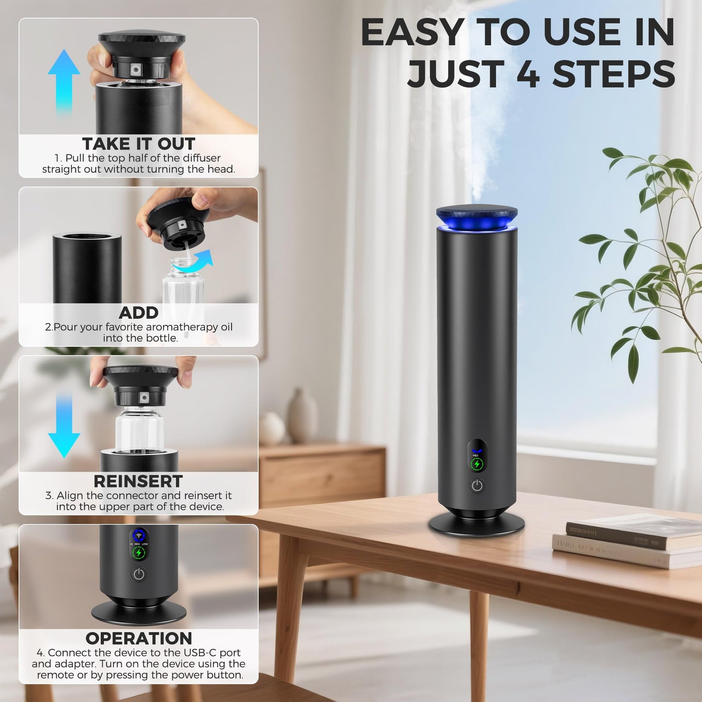 Hotel Scent Diffuser Starter Kit - 1000 Square Feet, 7 Ambient Light Settings, Includes 5 Essential Oils for Hotel Aromatherapy, Hotel Scent Diffuser,for Hotels, Homes, and Large Rooms