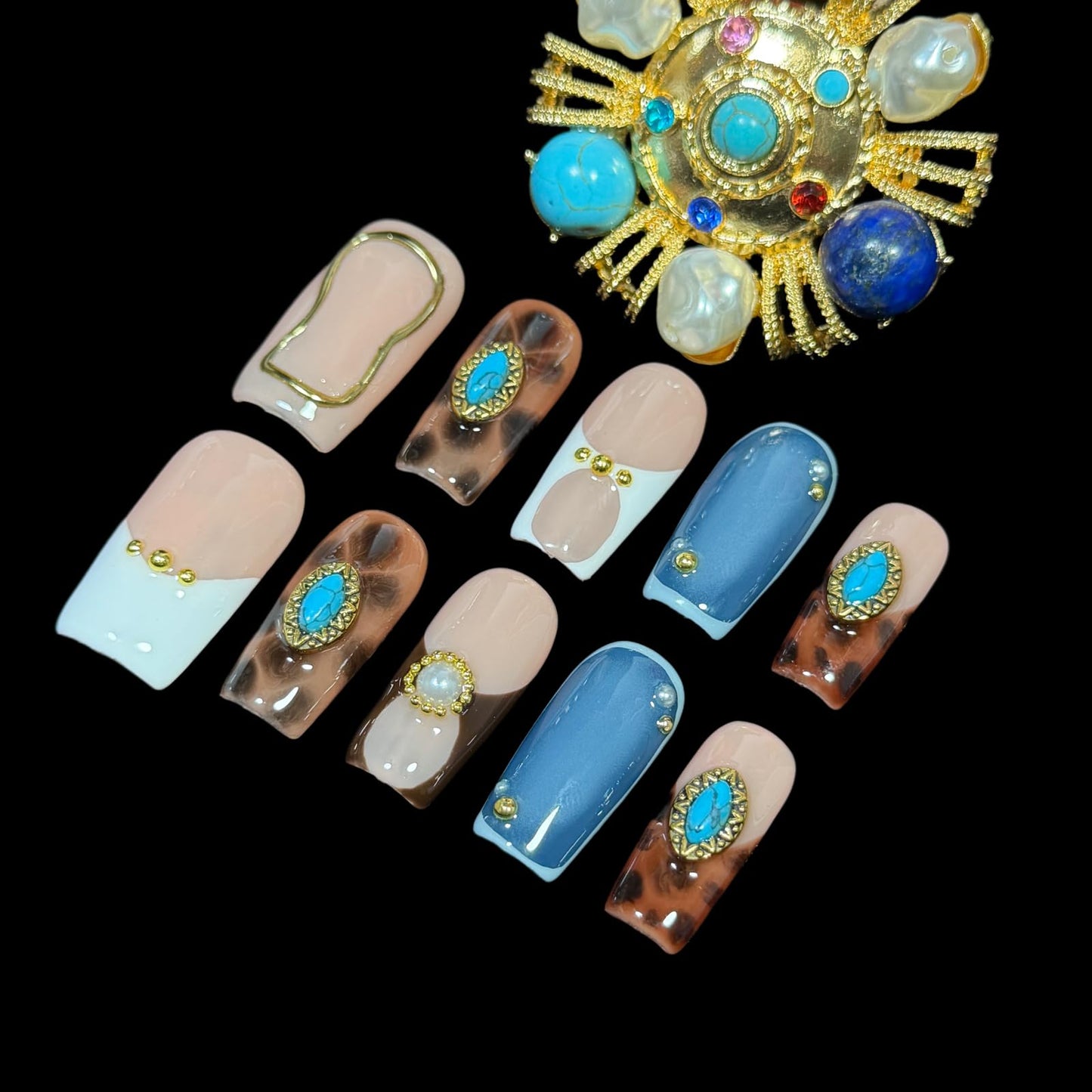 Handmade Press on Nails - Turquoise & White French Tip Short/Medium Square Shape, Amber Print Acrylic Reusable False Nails with Pearl Accents (Turquoise, L)