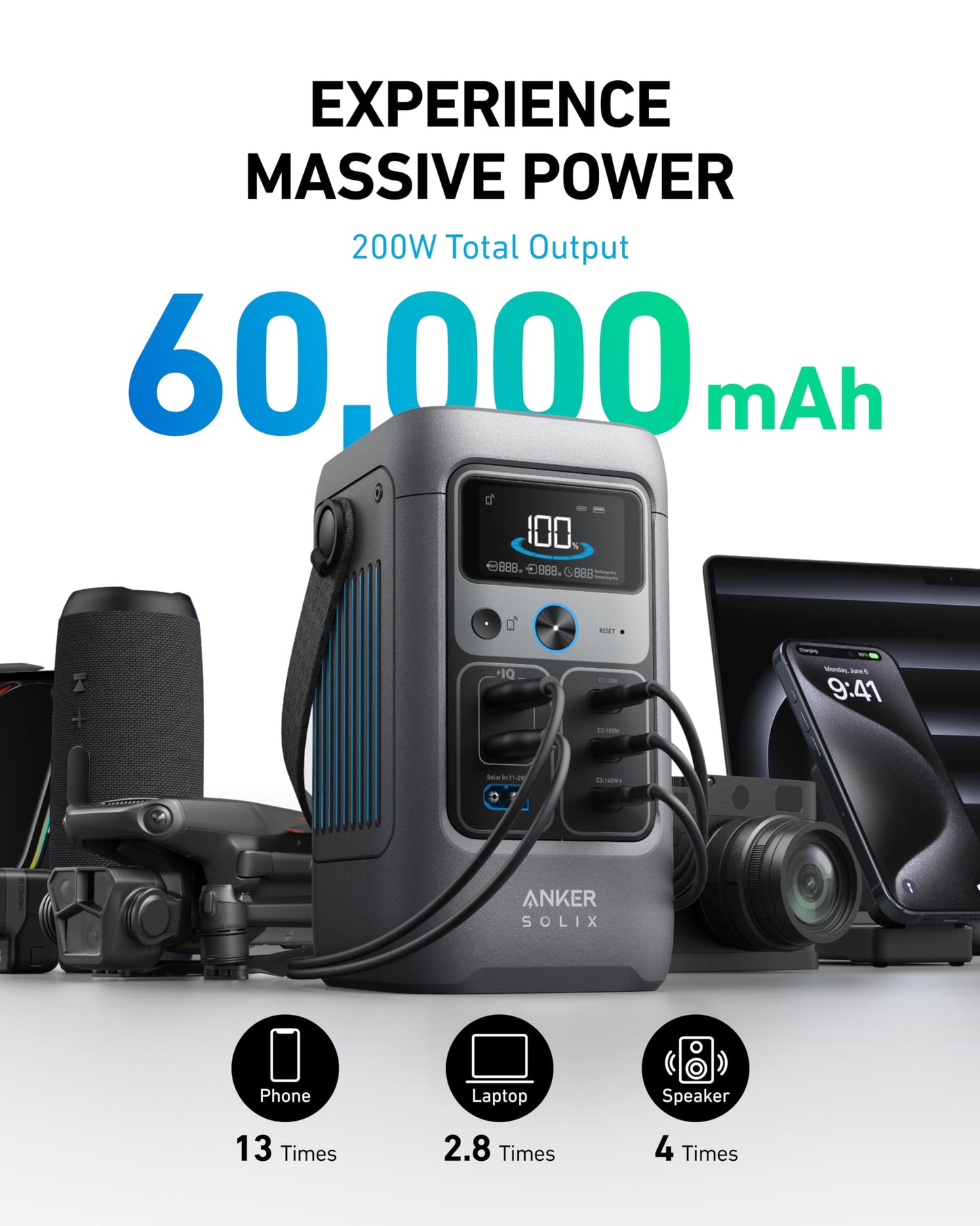 Anker SOLIX C200 DC Power Bank Station with Car Charging Cable, 192Wh Portable Power Station, LiFePO4 Battery, 200W Solar Generator, for Outdoor Camping, Traveling, and Emergencies.