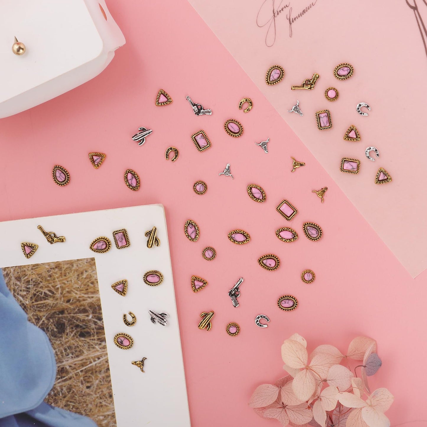 50 PCS Western Nail Charms - Pink Turquoise Nail Gems Stone 3D Vintage Western Art, Retro Pink Marble Cowgirl Charms Gems Metal Gold Silver Art Jewelry Gifts for Women DIY