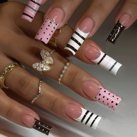 MISUD Press on Nails - Long Square Fake Nails with Pink Black French Tip, Acrylic Polka Dot Stripe Design 24 pcs