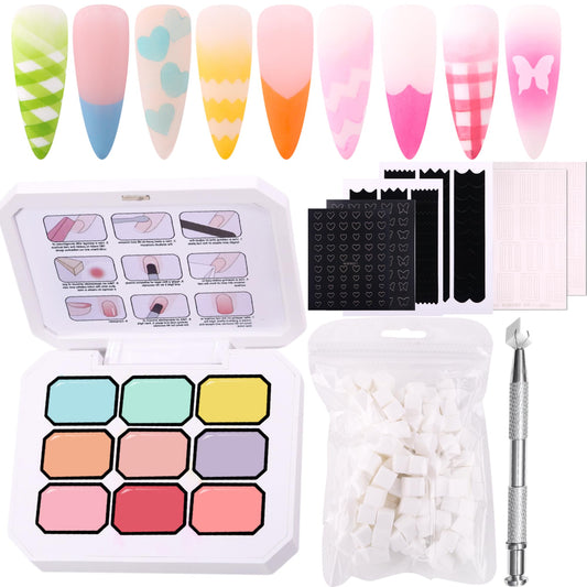 Gradient Ombre Nail Polish Kit, 9 Colors, 100 Sponges, French Manicure Tool Set with Stickers (Cotton Cloud Ombre Set #16)