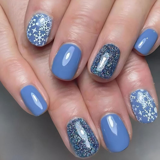 IMRAIN Short Square Press on Nails Blue White Fake Nails with Snowflakes Designs Gel Glue on Nails Glossy Xmas Acrylic False Nails Winter Stick on Fingernails for Women