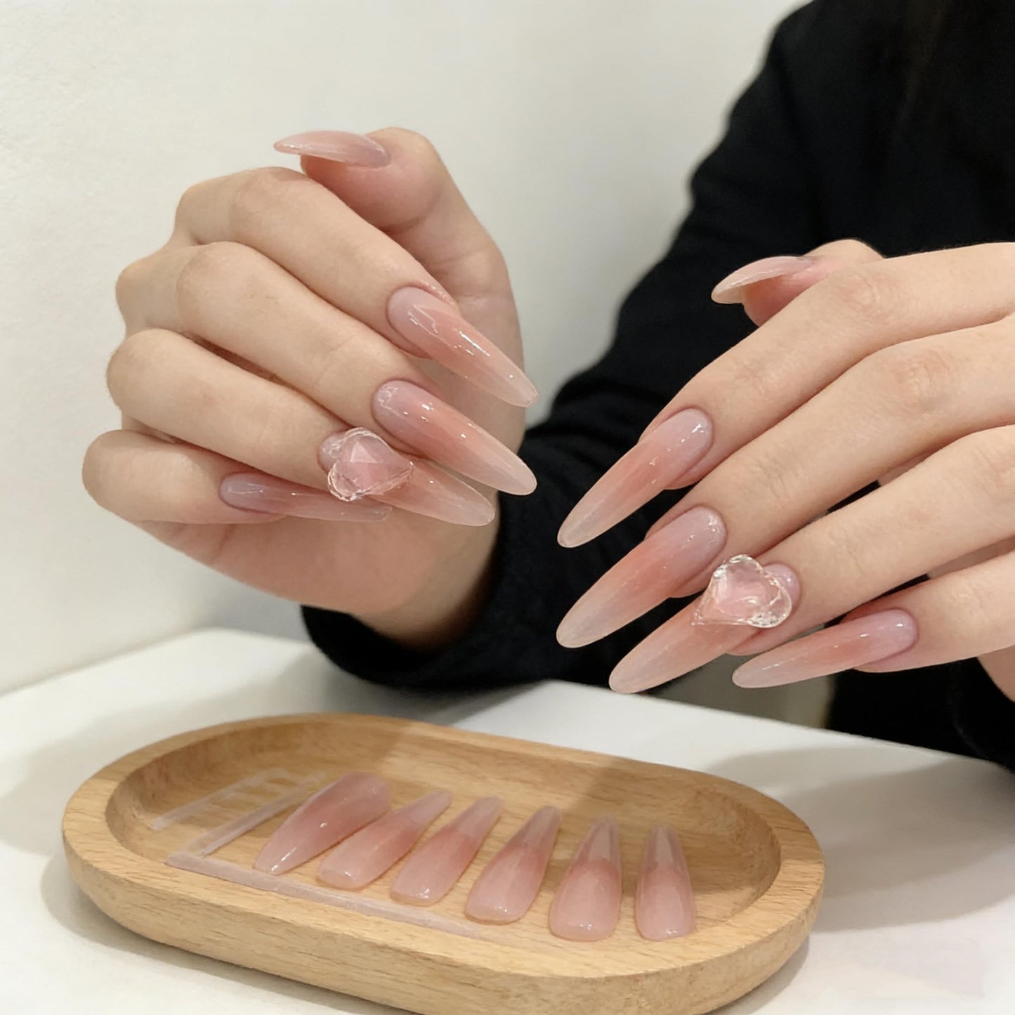 C.Z.Z.T.T.NAILS Press On Nails with 3d Heart Diamonds - Nude Pink Fake Nails,Long Almond-Shaped False Nails,Perfect Fake Nails for Women, 30pcs with Jelly Glue