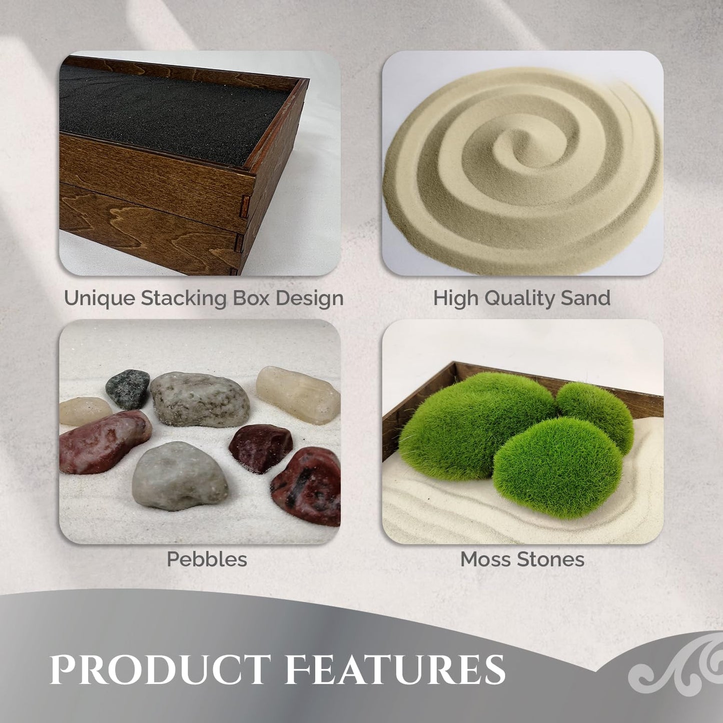 Sunny Lark Wooden Stackable Zen Garden | Desert Luxe Sand with Rake & Accessories | Minimalist Decor Gift for Relaxation