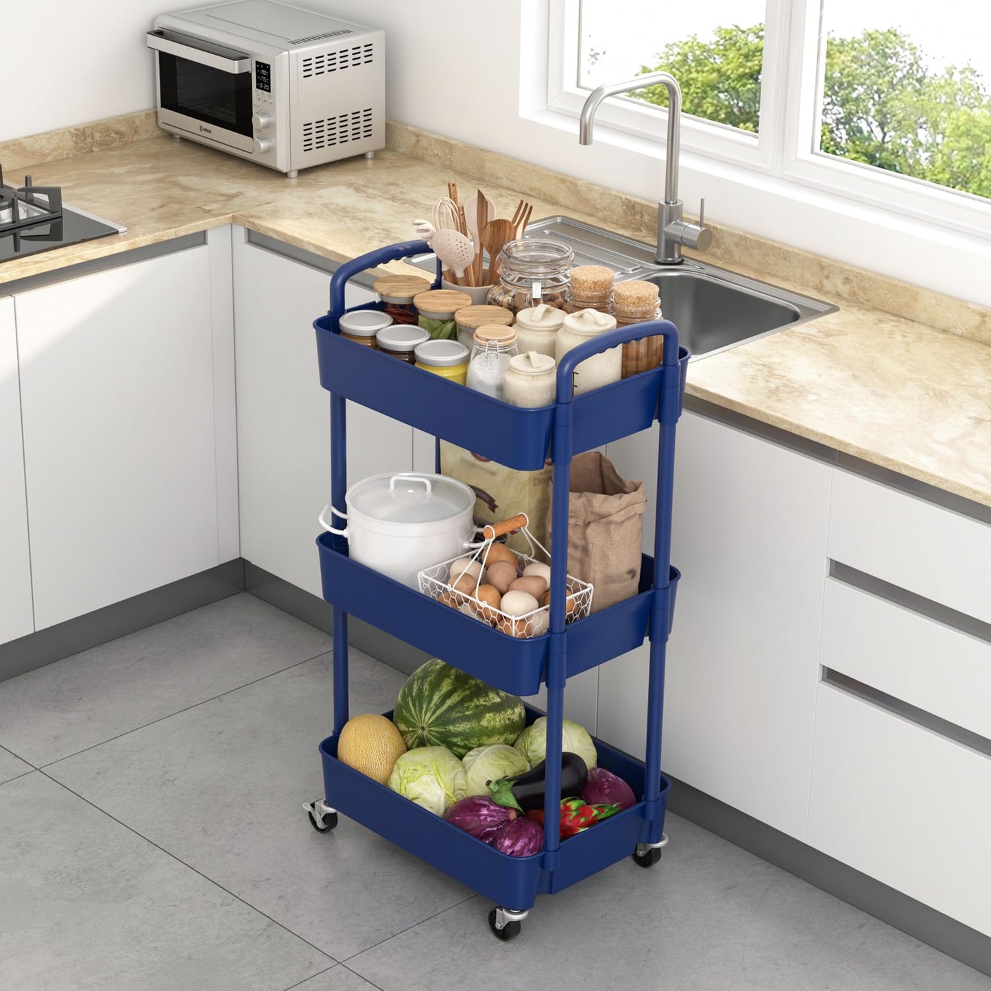 Sywhitta 3-Tier Plastic Rolling Utility Cart with Handle, Multi-Functional Storage Trolley for Office, Living Room, Kitchen, Movable Storage Organizer with Wheels, Blue