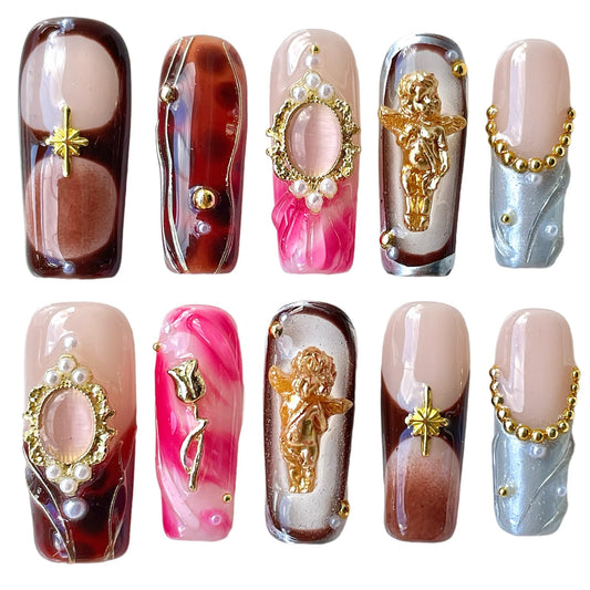 Handmade Press On Nails Vintage Style Gold Angel & Flower Design with Amber Print, Medium/Long Square Shape Acrylic False Nails, Reusable Luxury Retro Nail Art (Cherub, L)