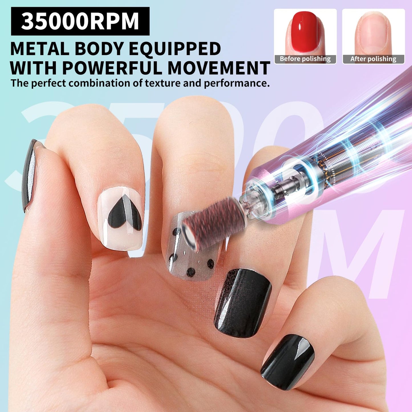 Moskany Professional Electric Nail Drill Kit 35000RPM with 14PCS Bits Purple Green Portable Rechargeable Cordless File Machine for Acrylic Gel Powder Nails and Manicure Pedicure Toenail Tool Salon Set