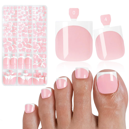 Bellelfin French Press On Toenails For Women with Nail Adhesive Tabs, 150 Pcs White French Tip Toe Nail Press Ons, Short Square Toenail Press On, 15 Sizes Full Cover Acrylic Fake Toe Nails