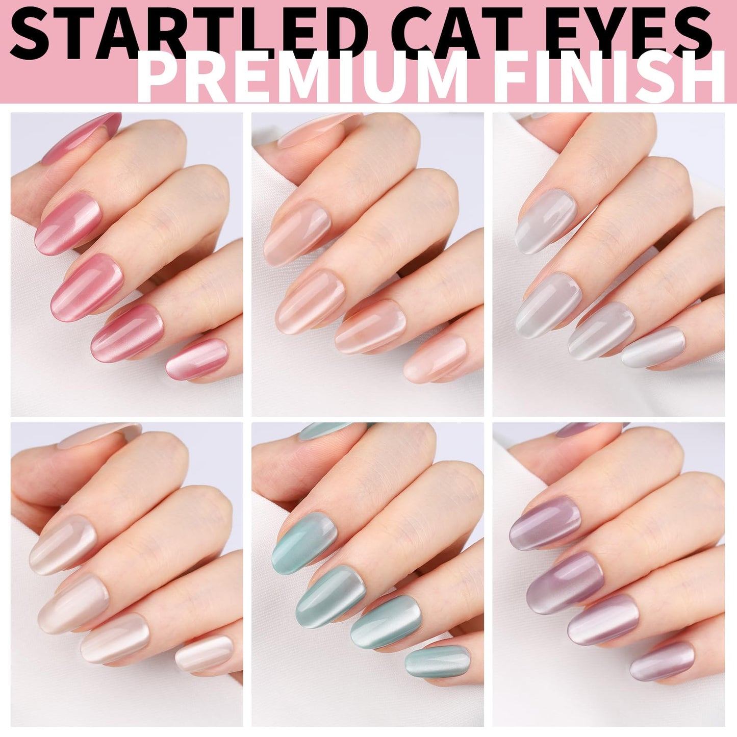 FANDAMEI 6 Colors Press On Nails Short Almond, Cat Eye Nails Short Oval, Natural Fake Nails in Nude, Glossy Cat Eye Press Ons for Women with Nail Adhesive Tabs, Press on Nails Kit