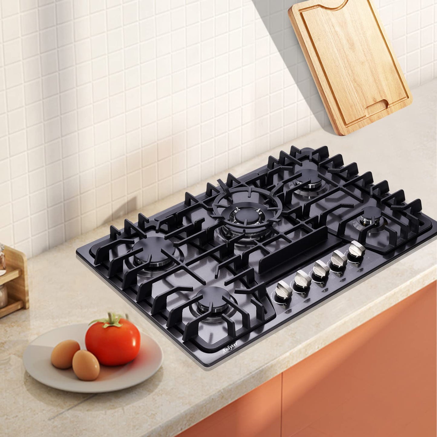 Anlyter 30 Inch Gas Cooktop, 5 Burners Built-in Stovetop, Stainless Steel LPG/NG Convertible Stove, Dual Fuel Sealed Hob - Black