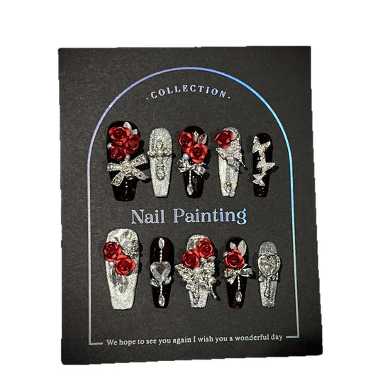 GLORS 3D Press On Nails, Luxury Long Ballerina Shape, Red Rose and Silver Glitter Design, 10 Pieces, Fall Winter Collection (Small, LC)