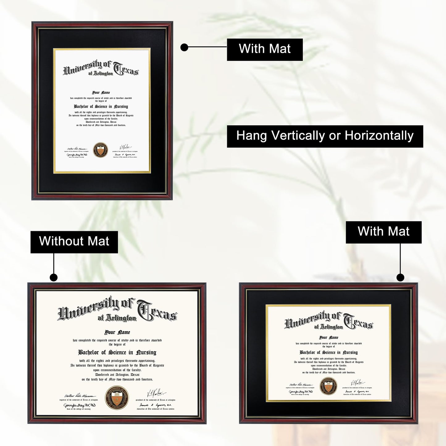 GraduationMall 12x15 Diploma Frame with Black over Gold Mat or Display 16x20 Certificate without Mat,Solid Wood & Tempered Glass,Cherry Finish with Gold Trim