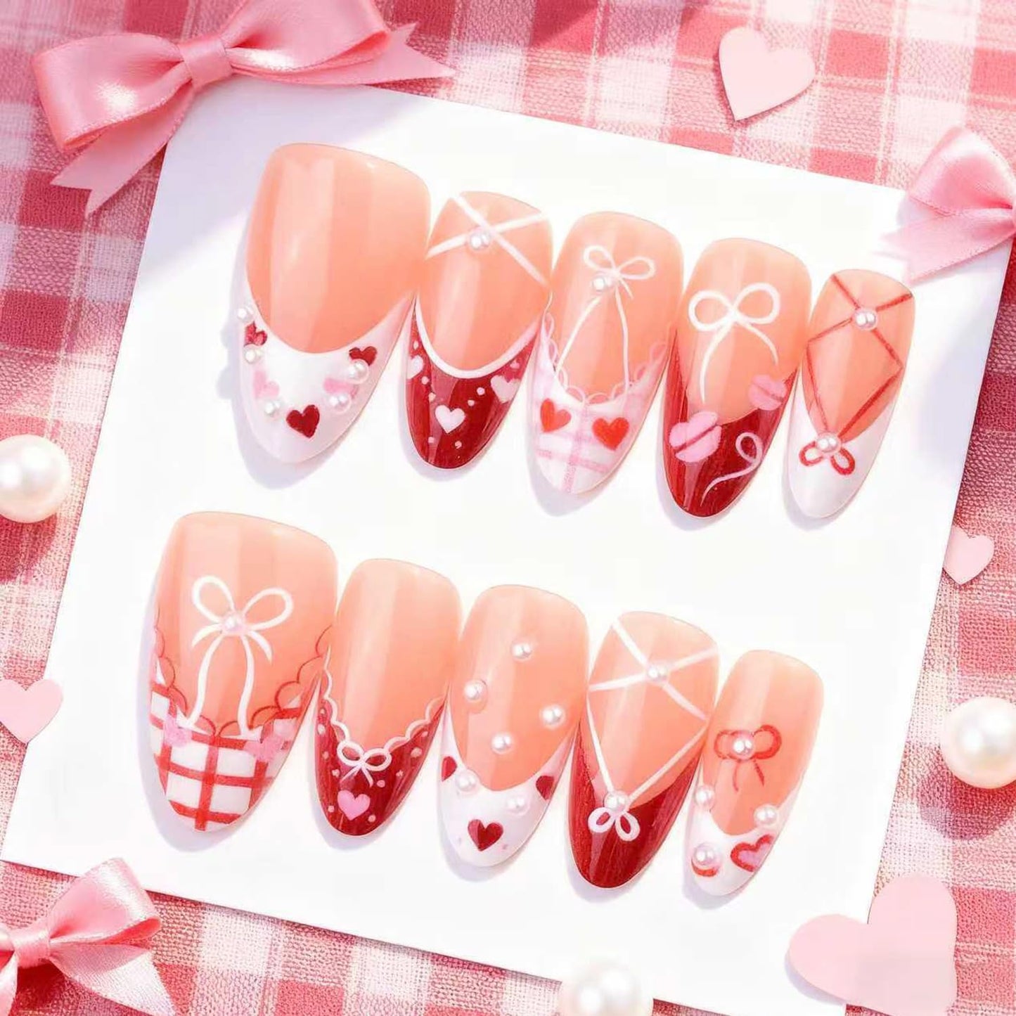 30pcs Valentine's French Tip Press on Nails Medium Almond Fake Nails 3D Exquisite Painted Bow and Heart Nail Art Tips Cute Acrylic Nails Kit Pink Love Pearl Full Cover Glue on Nail for Women DIY