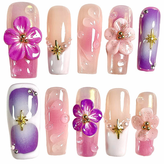 Handmade Press On Nails Medium/Long Square Pink 3D Sakura Design - Reusable French Acrylic Fake Nails with Gold Stars & Pearls, Luxury Cherry Blossom False Nails (Sakura, S)