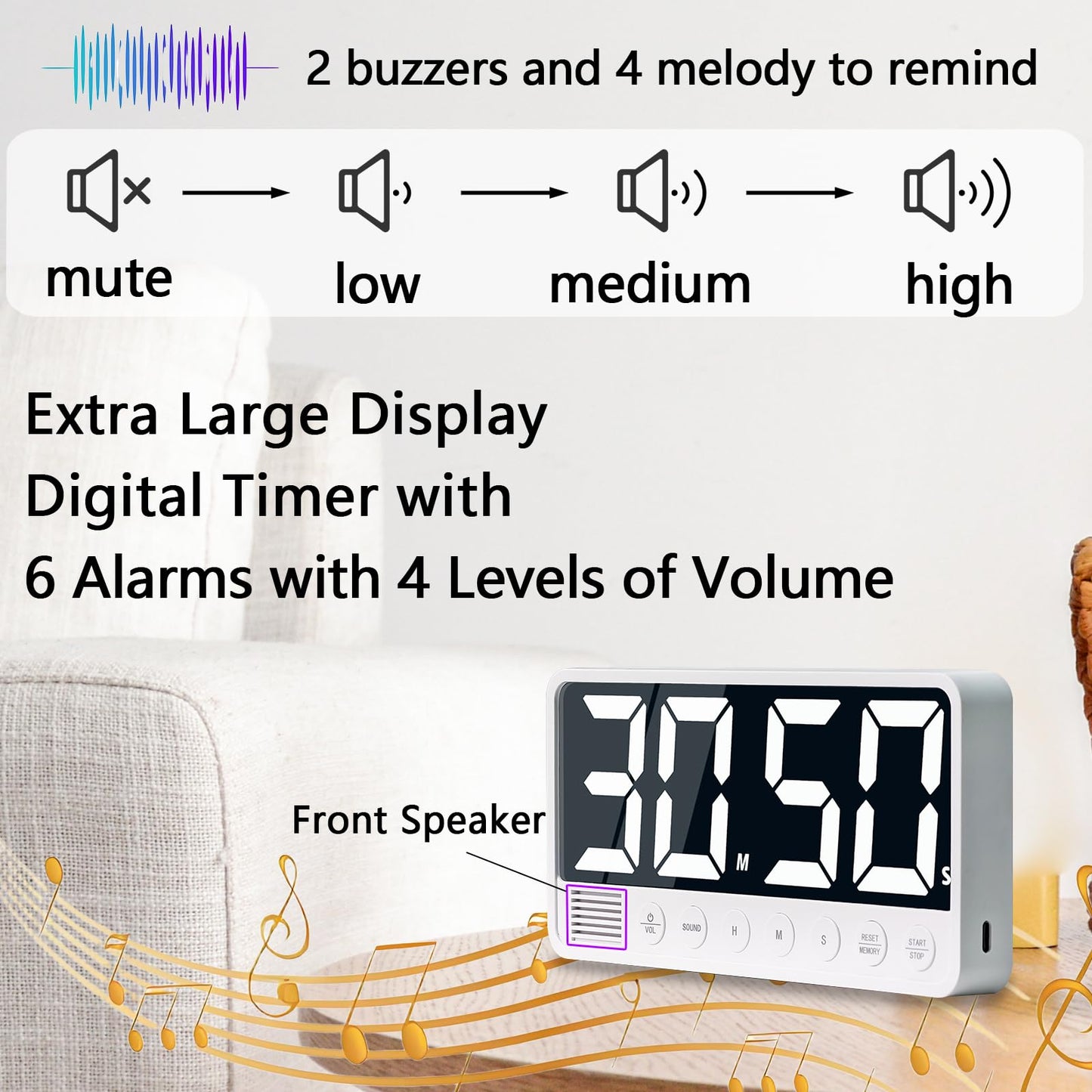 FCXJTU Digital Kitchen Timer - 7.1” Extra Large Display LED Magnetic Rechargeable Countdown/Up Timer, with 6 Alarms 4 Levels Volume Memory Function for Cooking, Classroom, Office, Home Gym (White)