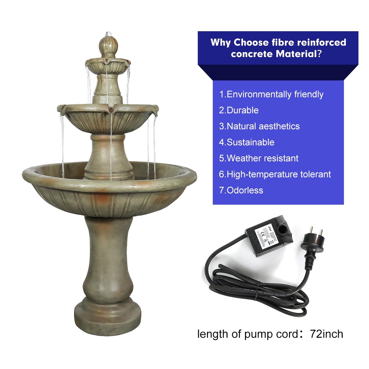 SunJet 51.5” High 3-Tiers Modern Concrete Outdoor Water Fountain - Round Large Outdoor Fountains and Waterfalls for Garden, Patio, Yard, and Deck Decor, Featuring Natural Stone Look