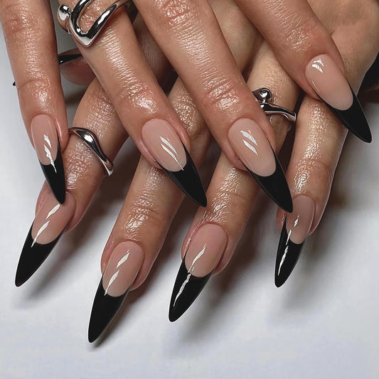MERVF Press on Nails Long Stiletto Black French Tip Fake Nails Glue ons Acrylic Nail Gothic Design Manicure Supplies Glossy 24pcs