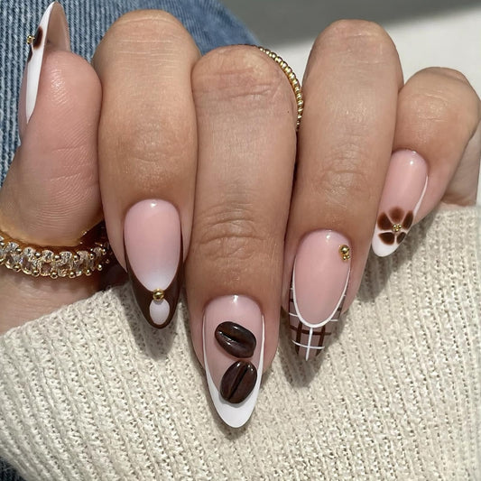 IMSOHOT Fall Press on Nails Almond Medium Fake Nails with 3D Coffee Bean Designs Glossy Brown French Tip False Nails Full Cover Acrylic Nail Kit for Women Manicure