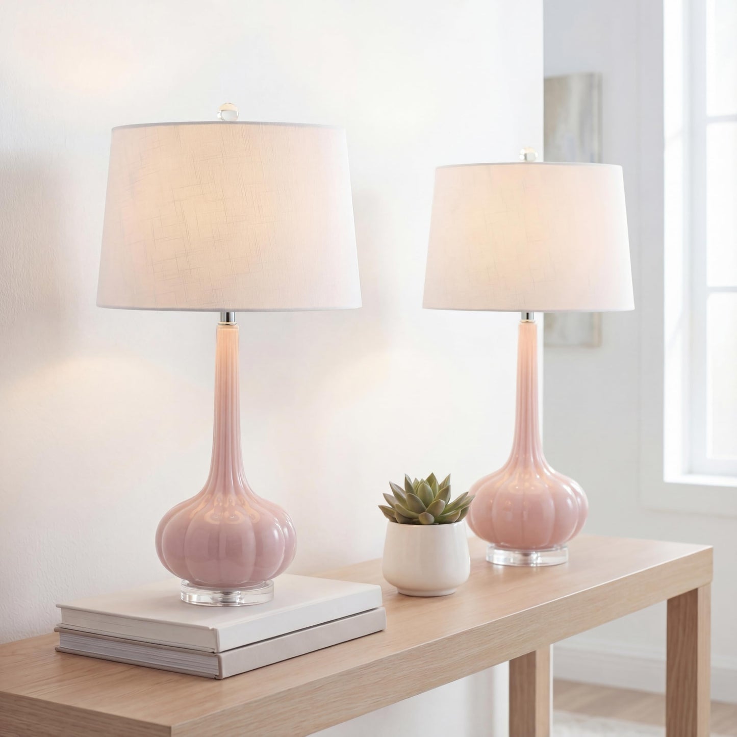 JONATHAN Y 28.5" Pink Glass Teardrop LED Table Lamp Set of 2 for Living Room Bedroom Nightstand, White Linen Shade Modern Transitional Bedside Desk Lamp JYL1079A-SET2