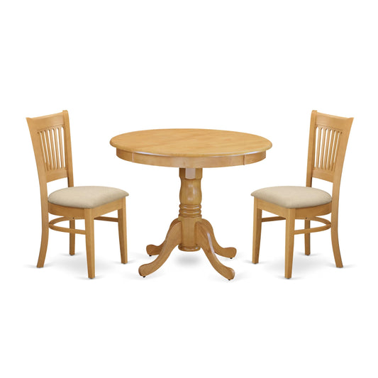 East West Furniture ANVA3-OAK-C 3 Piece Kitchen Table Set for Small Spaces Contains a Round Dining Room Table with Pedestal and 2 Linen Fabric Upholstered Chairs, 36x36 Inch, Oak