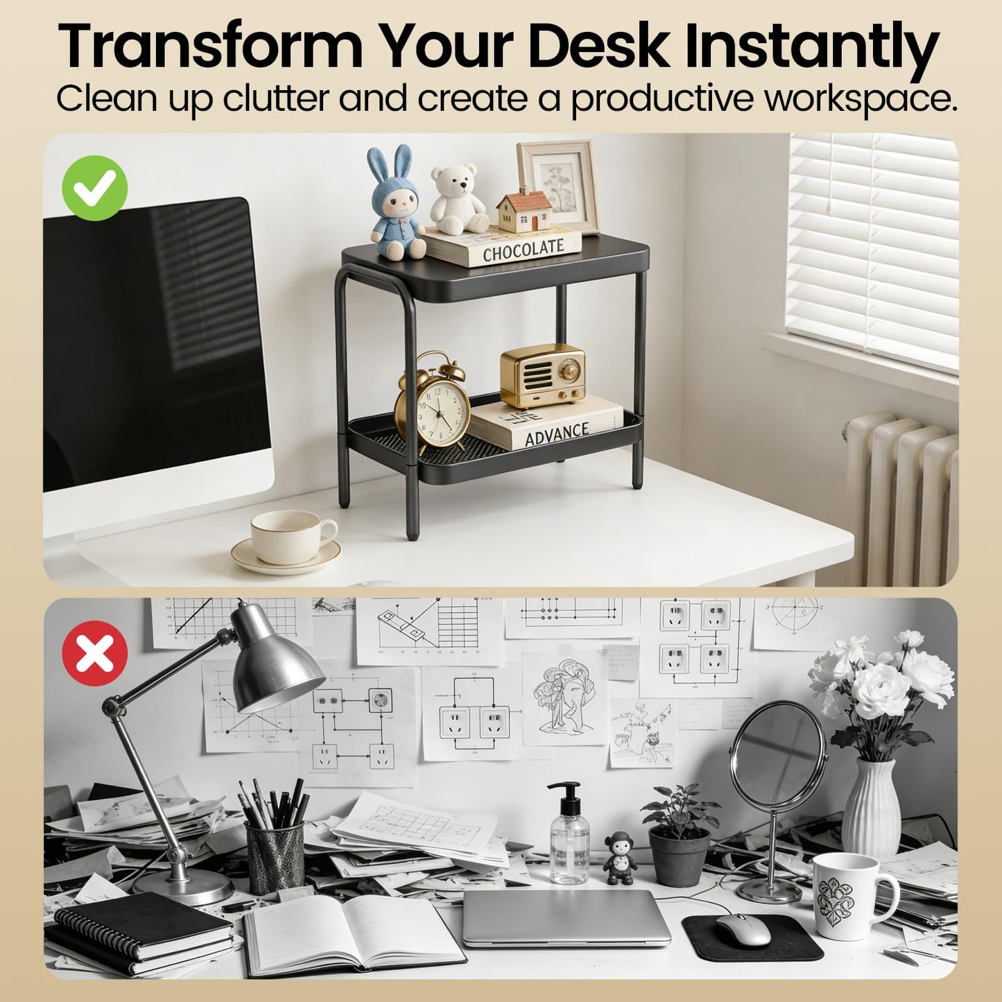 NobleForm 2 in 1 Desktop & Floor End Table with Storage Shelves, Compact 2-Tier Side Table for Office Desk Organization, Bedside Nightstand, Small Space Nightstand for Living Room, Bedroom, Office