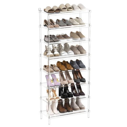 Aquiver 8 Tiers Acrylic Shoe Rack - Tall Shoe Rack for Entryway - Large Capacity Shoe Organizer - Clear Shoe Shelf Holds 24 Pairs, 25.6'' L x 11.8'' W x 60.6'' H, Easily Clean