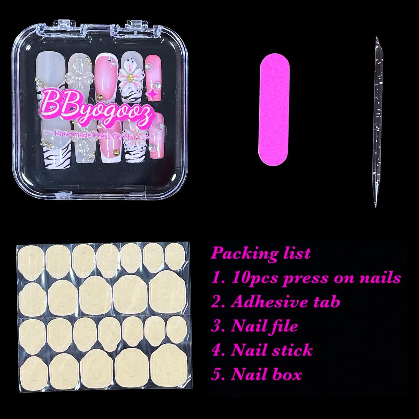 Handmade Press On Nails Short-Medium Square Bold Pink Zebra Stripes & 3D Floral | Glitter Flowers With Gold Accent | Reusable Acrylic Fake Nails for Parties & Daily (Pink Zebra, S)