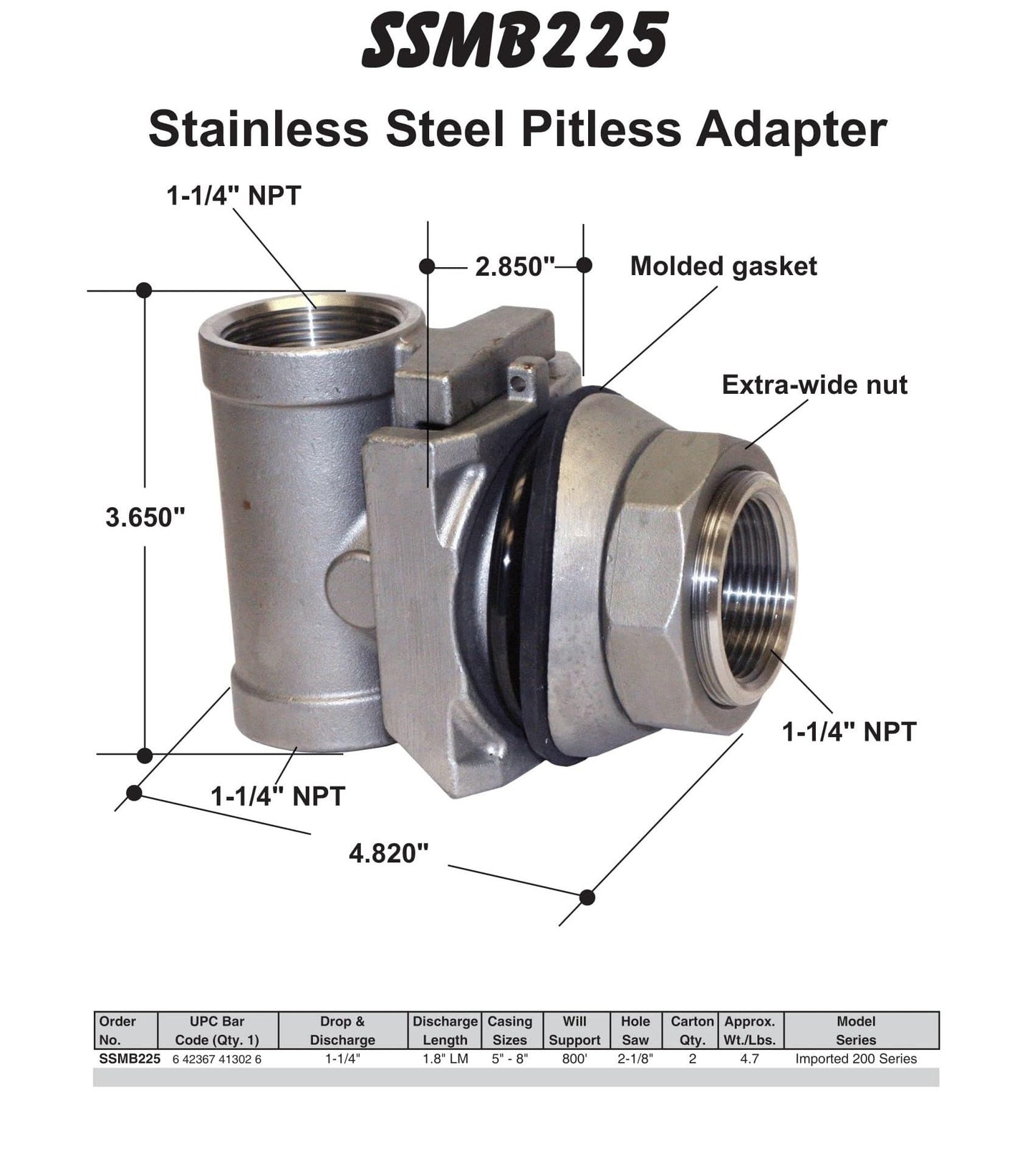 Merrill MFG SSMB225 1-1/4" Stainless Steel Pitless Adapter, Heavy Duty 304 SS Well Pump Pitless for 1-1/4" Drop Pipe & Discharge, Deep Well Submersible Pump Connection Fits 5"–8" Casing