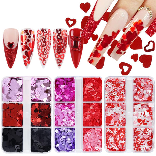 18Grids Valentine's Day Nail Art Glitter Sequins Kits 3D Heart Nail Glitters Valentine Nail Stickers Decal for Shining Flakes Red Pink Purple Heart Shaped Nail Design for Manicure Charms Decorations