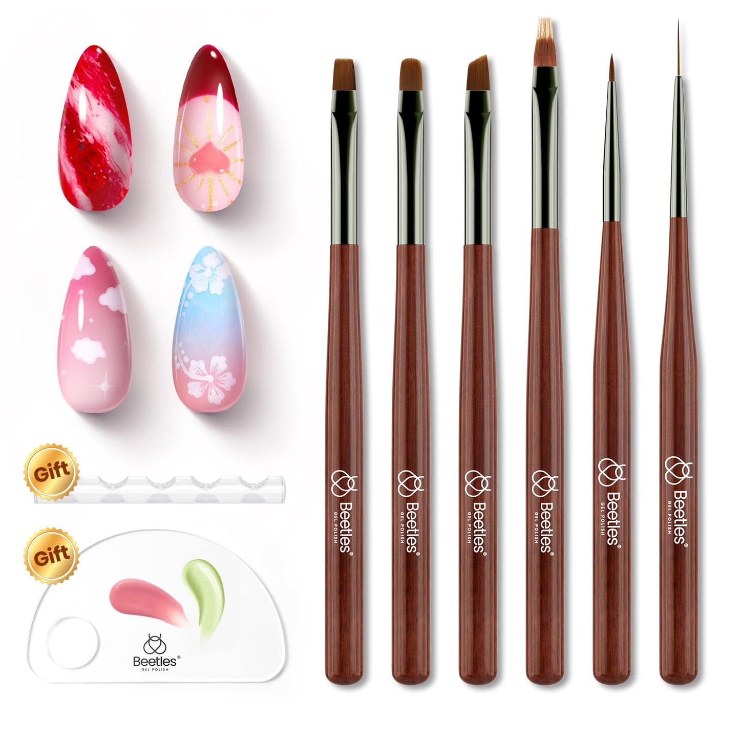 Beetles Gel Polish Nail Art Brushes, 6 Pcs Fingernail Art Design Pens, Nail Art Tools, Wood Alloy Handle Nail Brushes, Clean Up Liner French Set with Holder&Palette DIY Gift for Women