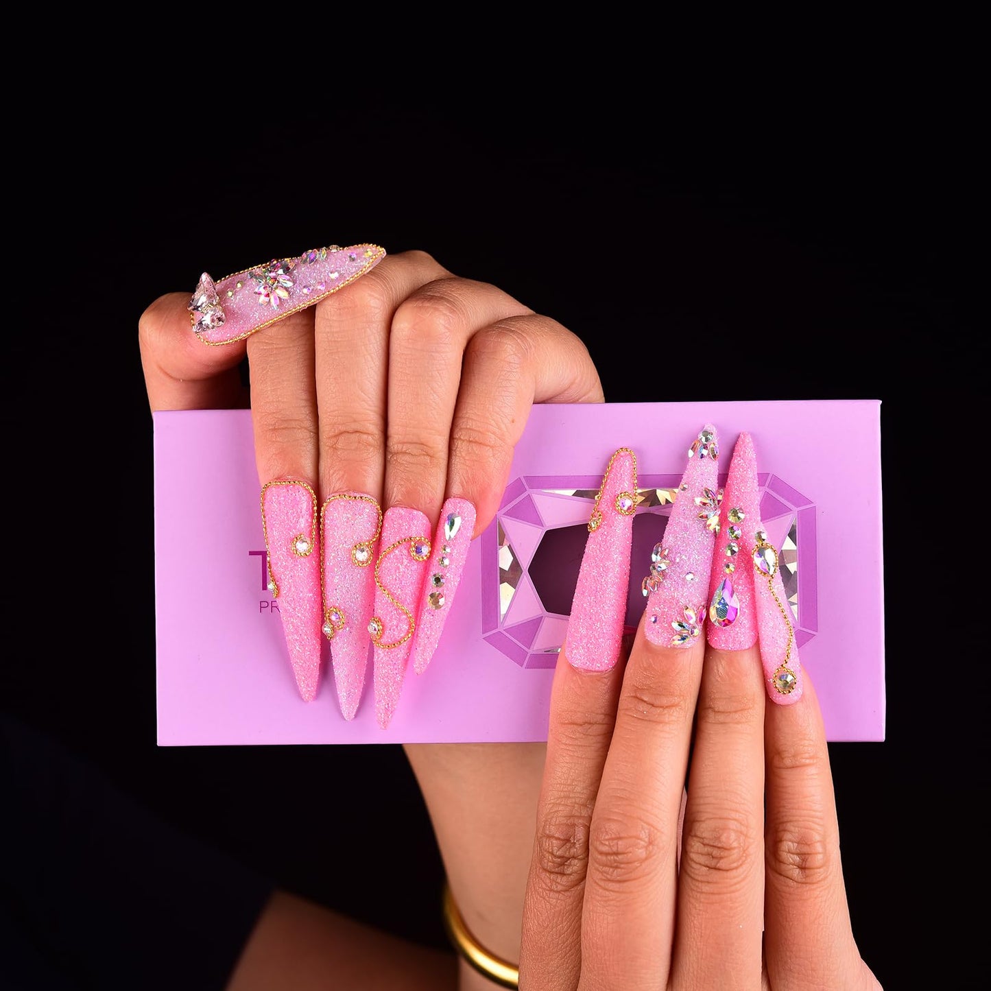Tmani 10pc/set Extra Long Handmade Press On Nail Hot Girl's Long Ballet Nails Pointed Nail Full of Diamond Glitter Decoration Fake Nails Suitable For Girls Festival Parties and Birthday Gift（246,S)