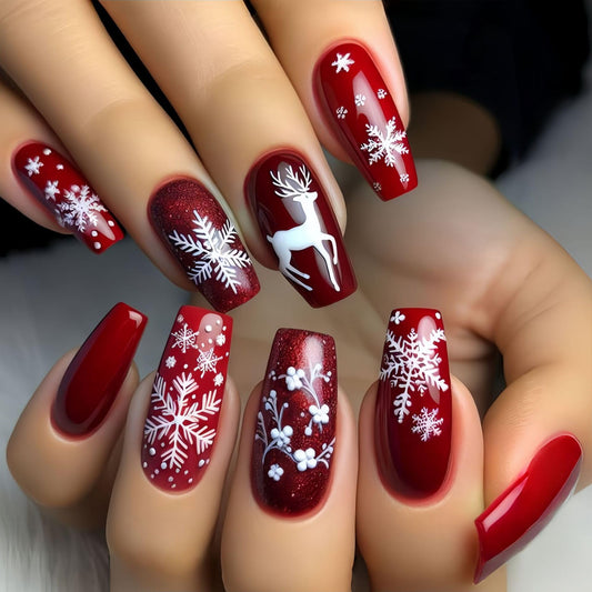 Christmas Deer Red Press on Nails Medium Square Fake Nails with Snowflake Designs Full Cover Winter Nails Press ons Xmas Reusable Acrylic False Nails for Women 24Pcs