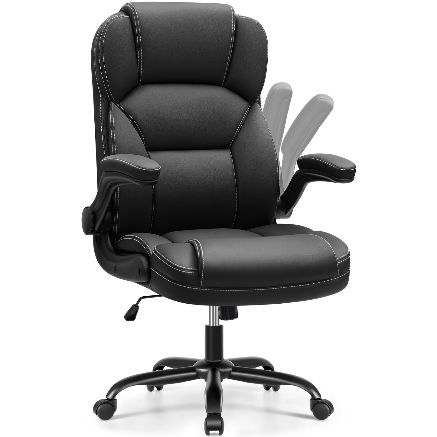 PU Leather Executive Office Chair, Ergonomic High-Back Computer & Gaming Chair with Adjustable Height, Rolling Swivel & Flip-Up Armrests, Comfy Padded Seat for Home Office-Black