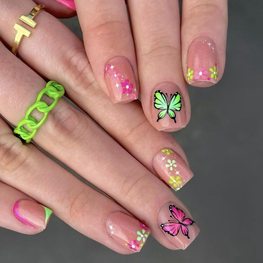 Square Press on Nails Short Fake Nails with Colorful Flower Butterfly Designs Green French Nails Press ons Glossy Glue on Nails Spring Summer False Nails Nude Stick on Nails for Women 24Pcs