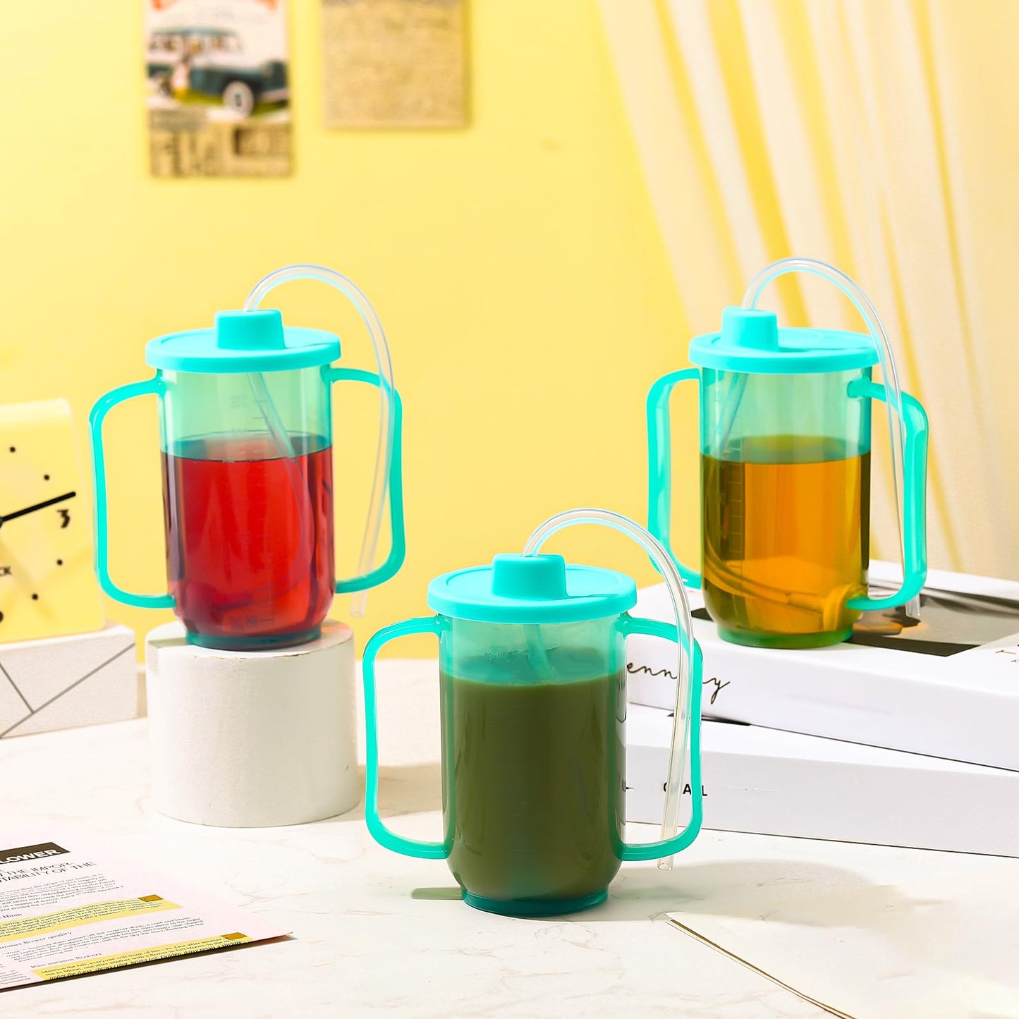 Sliner 1 Pcs Adult Sippy Cups With Long Straw For Elderly, 12 Oz Adaptive Spill Proof Cups With 2 Handles And Straw Lid For Adults Liquid Feeding Disabled Hospital Patients Convalescent
