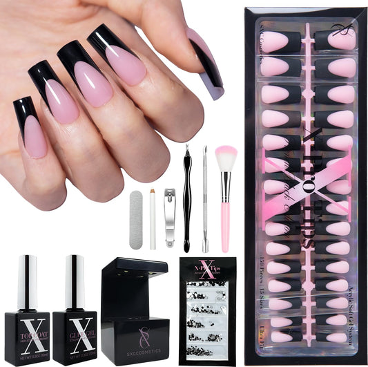 SXC Cosmetics French Tip Press On Nails – Black Series, Medium Square, X-Pro Tips Starter Kit | 150PCS, 15 Sizes, 5 Styles, Beginner-Friendly