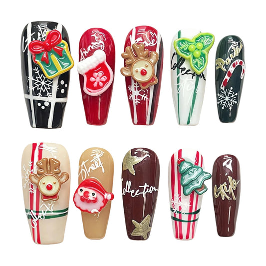 Tesytto Christmas Press on Nails Medium Coffin Colorful Fake Nails with Cute 3D Elk Santa Claus Xmas Trees Candy Canes Design Winter Handmade Acrylic Nails for New Year (Holiday Gifts,M)