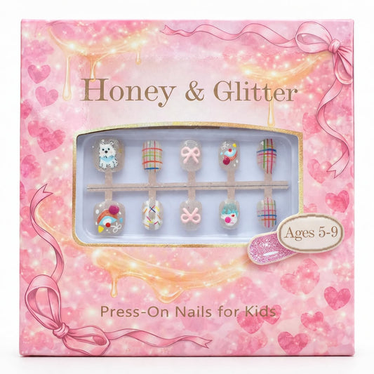Kids Press On Nails, Happy Day Party Design, Cute Birthday Glittered Nails for Girls, Strawberry & Cake Style, Easy Apply, 24pcs