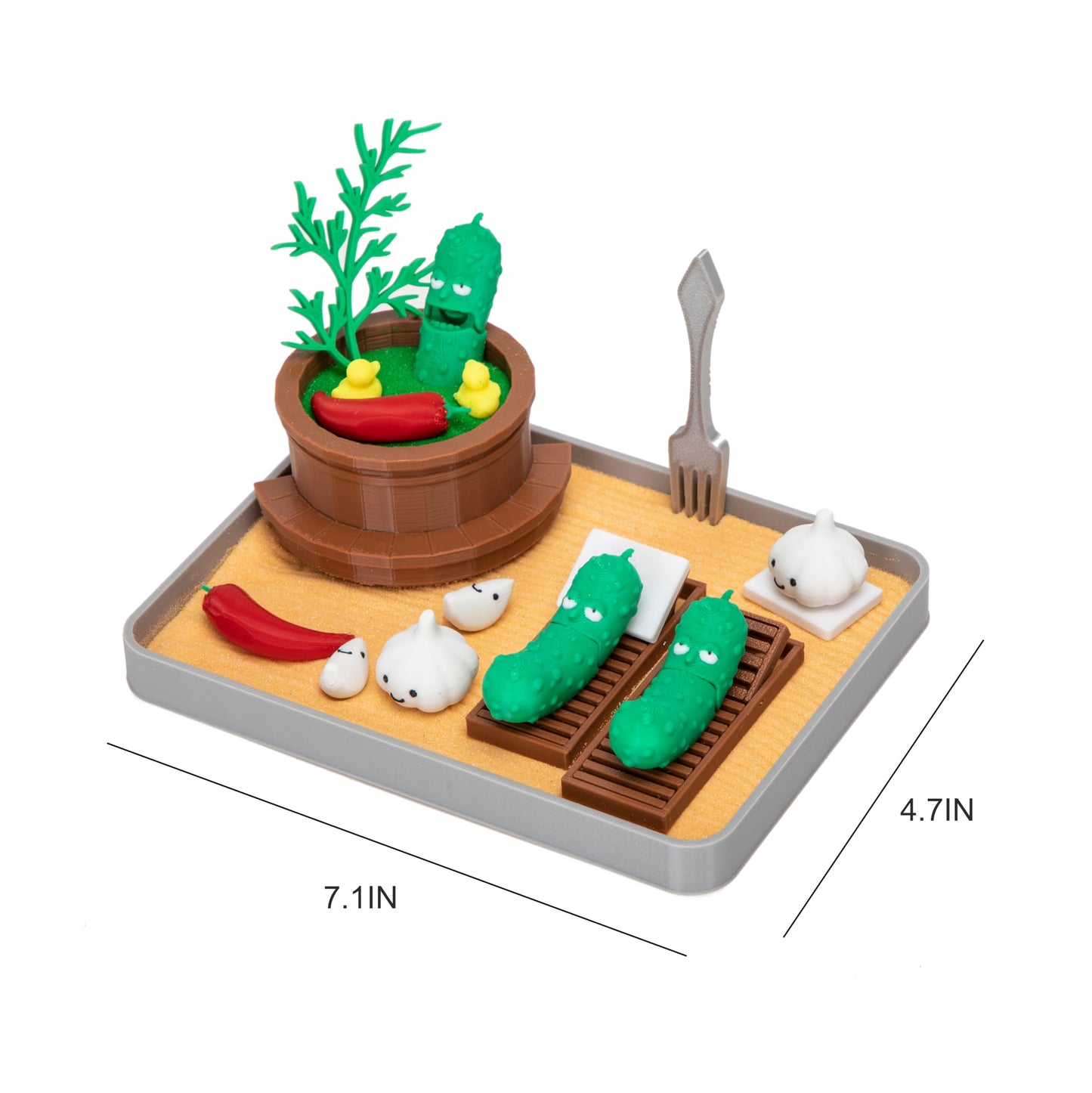 Stylor Pickle Zen Garden Office Desk Decor - Mini Decorative Therapy Sand Tray with Pickle Figurines and Wooden Barrel, Humorous Funny Stress Relief Gift Kit