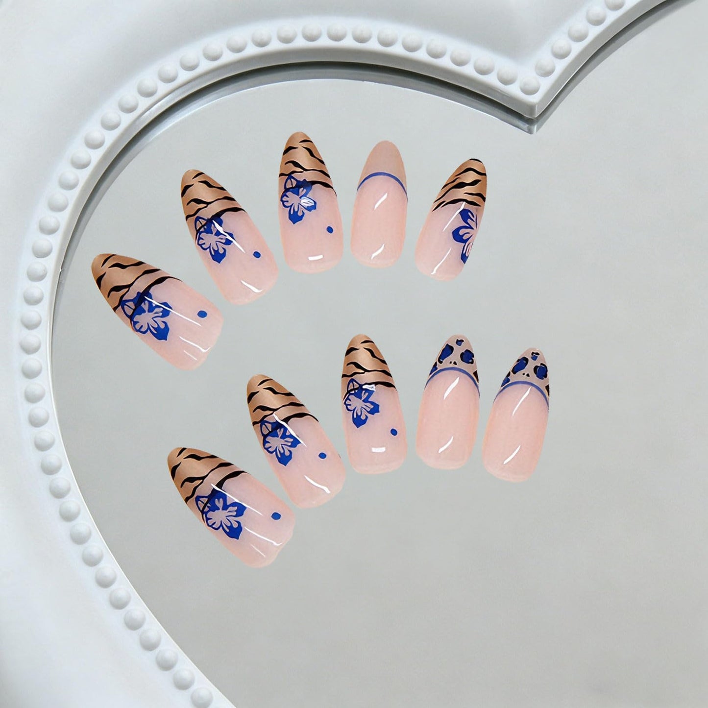 24Pcs Browen Leopard French Tip Press on Nails Medium Almond, Cheetah Print Designs, Glossy Full Cover Fake Nails, Reusable Glue on Nails with Acrylic Effect,Nude Nails Press ons for Women
