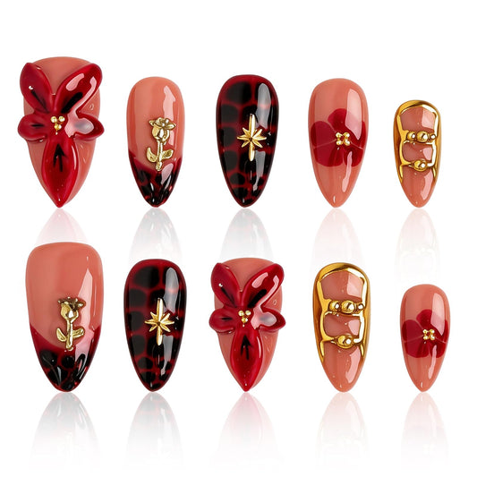 LTXHZYYL Handmade Press on Nails Almond 3D Floral Design Reusable ABS Full Cover False Nails Kit — Luxury Medium French Tip Glossy Acrylic Fake Nails for Women