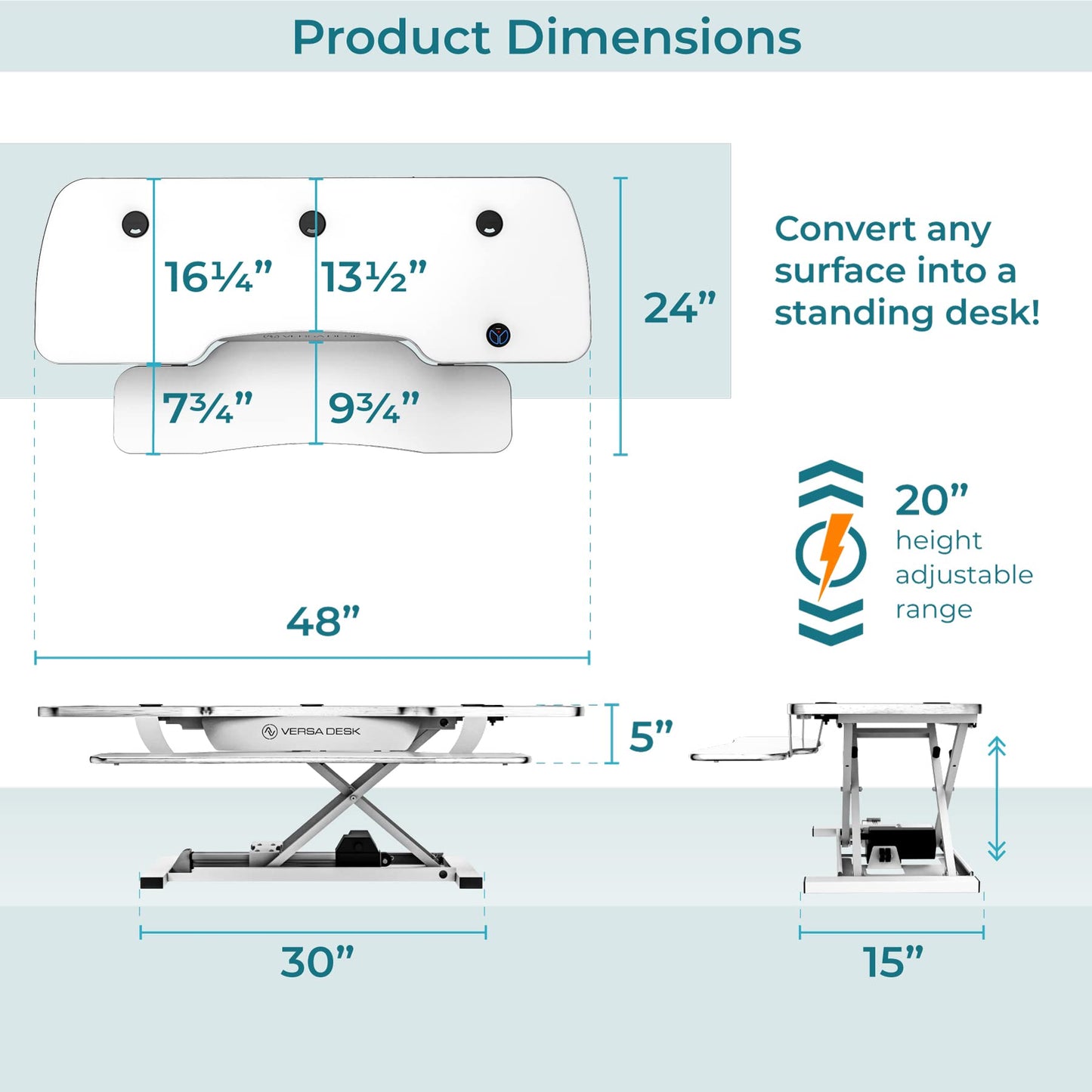 VERSADESK® PowerPro™ 48 Inch Extra Wide Standing Desk Converter, PowerPro™ Electric Height Adjustable Sit to Stand Desk Riser with Keyboard Tray, Build-in USB Charging Outlet, Hold 80 lbs, (48",