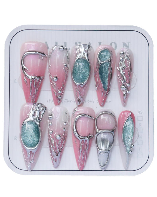 CAMILCY Luxury Handmade Press On Nails Pink Gradient Green Glitter Metallic 3D Design Long Stiletto Fake Nails Salon Quality Reusable Acrylic Nails for Women (B06, L)