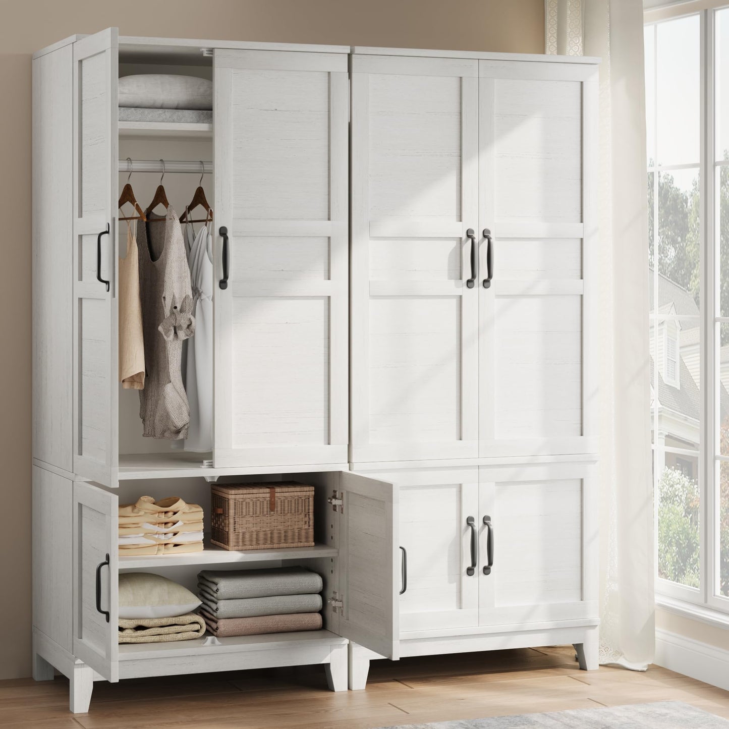 GarveeHome Armoire Wardrobe Closet with 4 Doors,72 in Wooden Wardrobe Cabinet with Hanging Rod, Freestanding Tall Clothing Armoire Storage Cabinet with Adjustable Shelves for Bedroom, Retro White