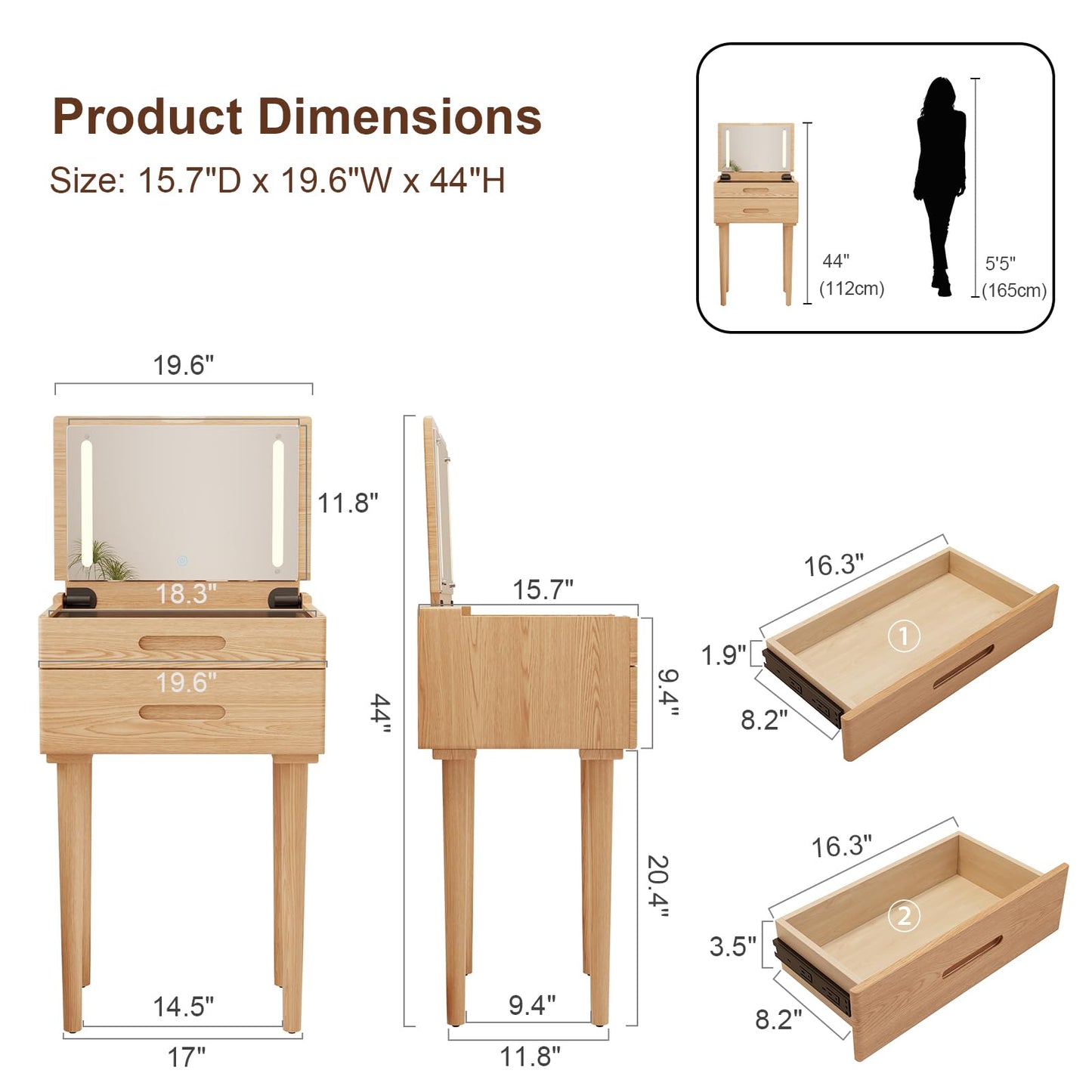 Muwuele Small Vanity Desk and Vanity Stool Bundle, Vanity Set with Mirror and Stool and Lights, Solid Wood Vanity Desk and Chair Set, Makeup Vanities & Vanity Benches (Vanity 19.6 inch Wide, Natural)