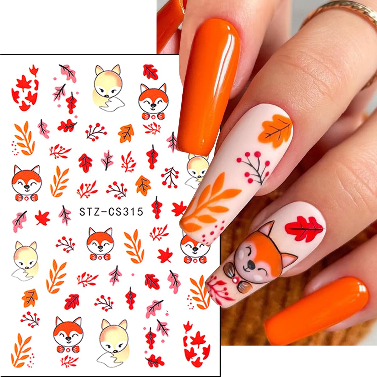 6 Sheets Fall Nail Art Stickers Thanksgiving Day Nails Decals 3D Self Adhesive Maple Leaf Nail Stickers Cute Fox Pumpkin Maple Leaves Design Fall Nails Supplies for Women Autumn DIY Manicure Decor